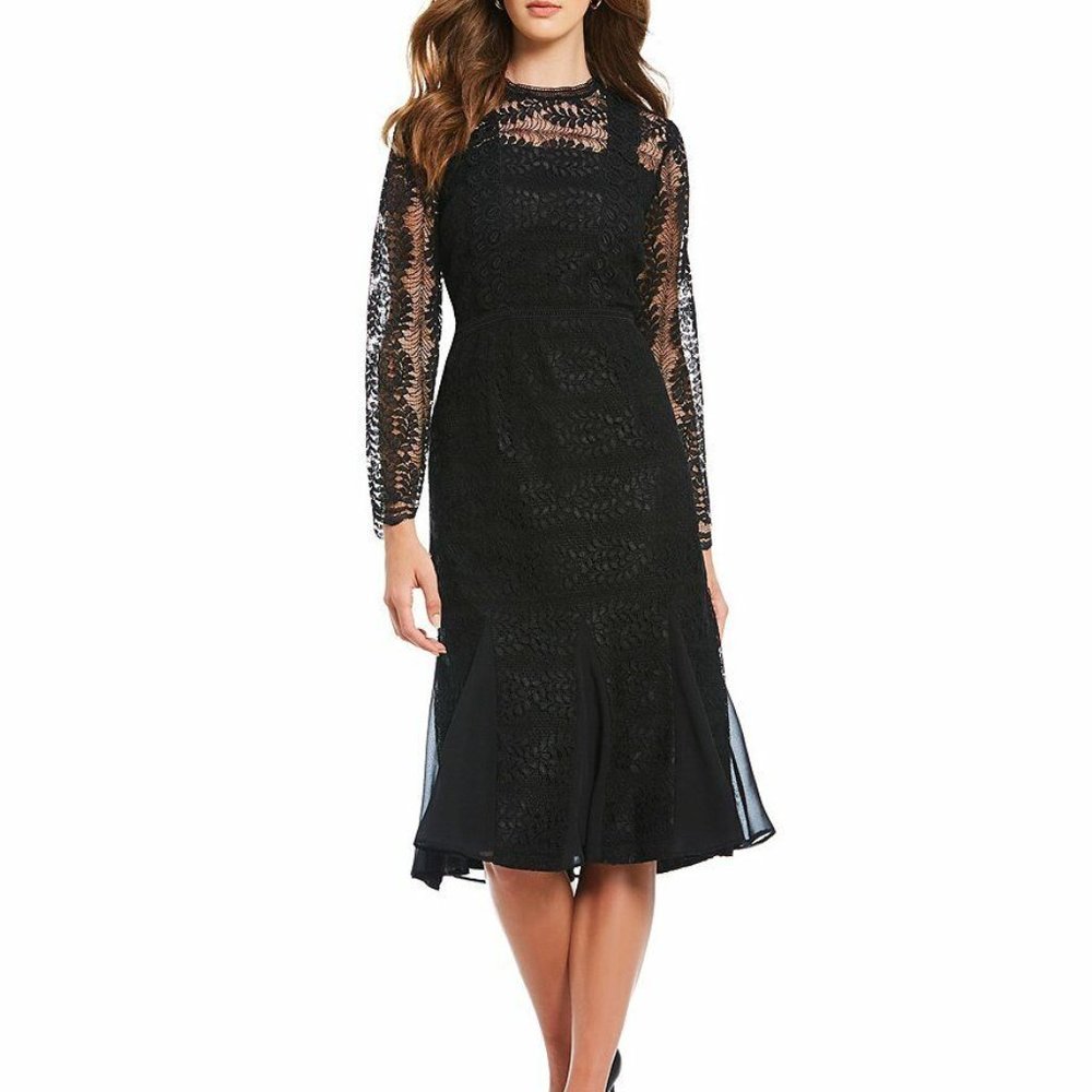 Antonio Melani Monette Illusion Lace Sleeve Flounce Hem Midi Dress Sz 4 NWT